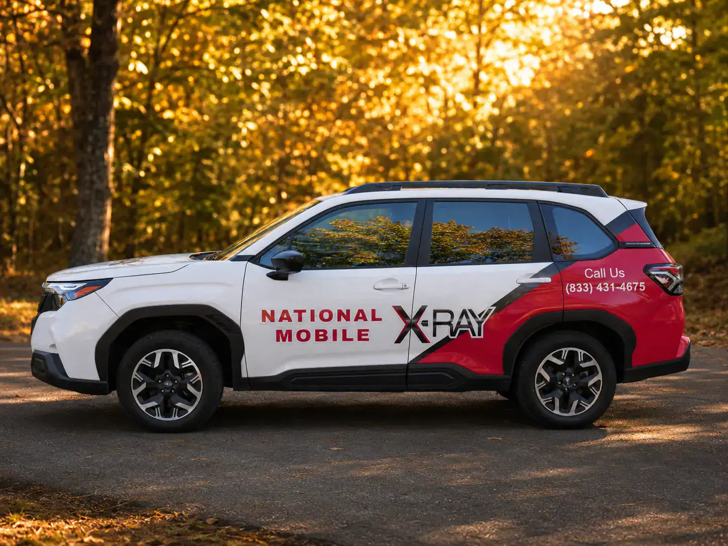 Mobile X-ray vehicle used by National Mobile X-Ray for on-site medical imaging services in outdoor settings.