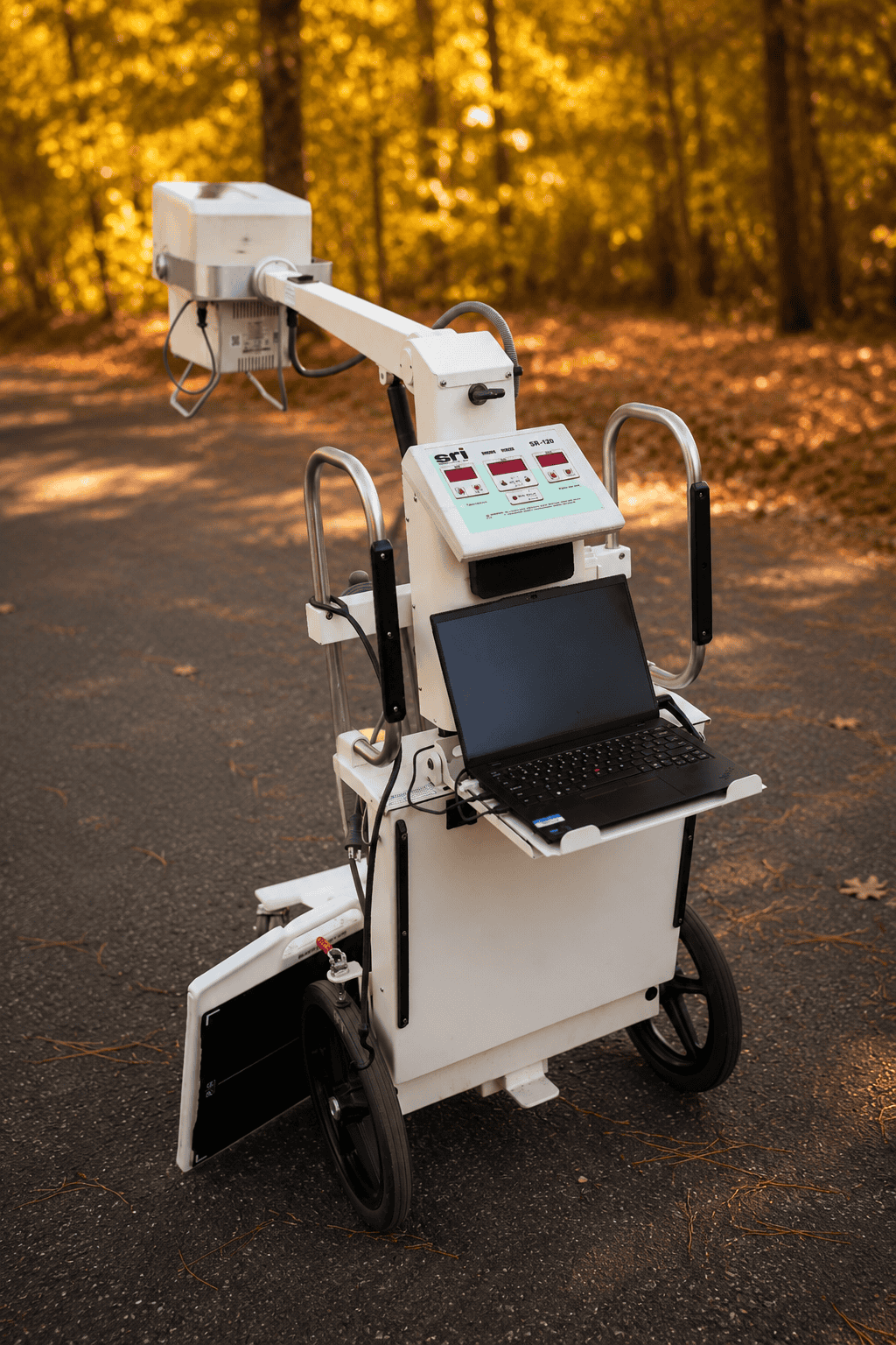 Mobile X-Ray machine used for on-site medical imaging services in outdoor settings. Portable and efficient for healthcare providers offering mobile radiology solutions.