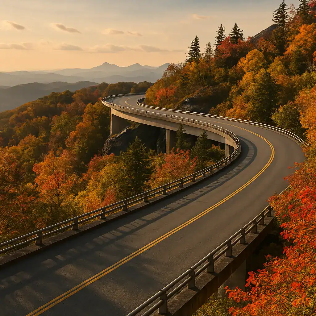 One-lane mountain road winding through autumn-colored forest with a scenic bridge arching over a valley, surrounded by vibrant fall foliage and rolling distant mountains under a partly cloudy sky.