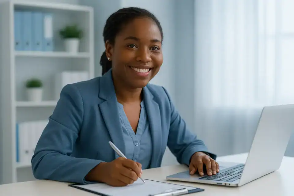 Skilled healthcare professional working on laptop in an office setting, promoting careers at National Mobile X-Ray, radiology, medical imaging, healthcare jobs, medical professional.