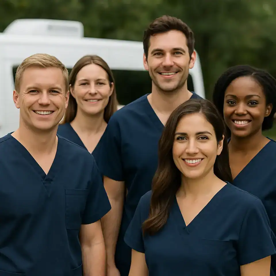 Healthcare professionals in navy scrubs standing outdoors in front of a mobile X-ray unit, representing medical imaging and radiology services at National Mobile X-Ray.