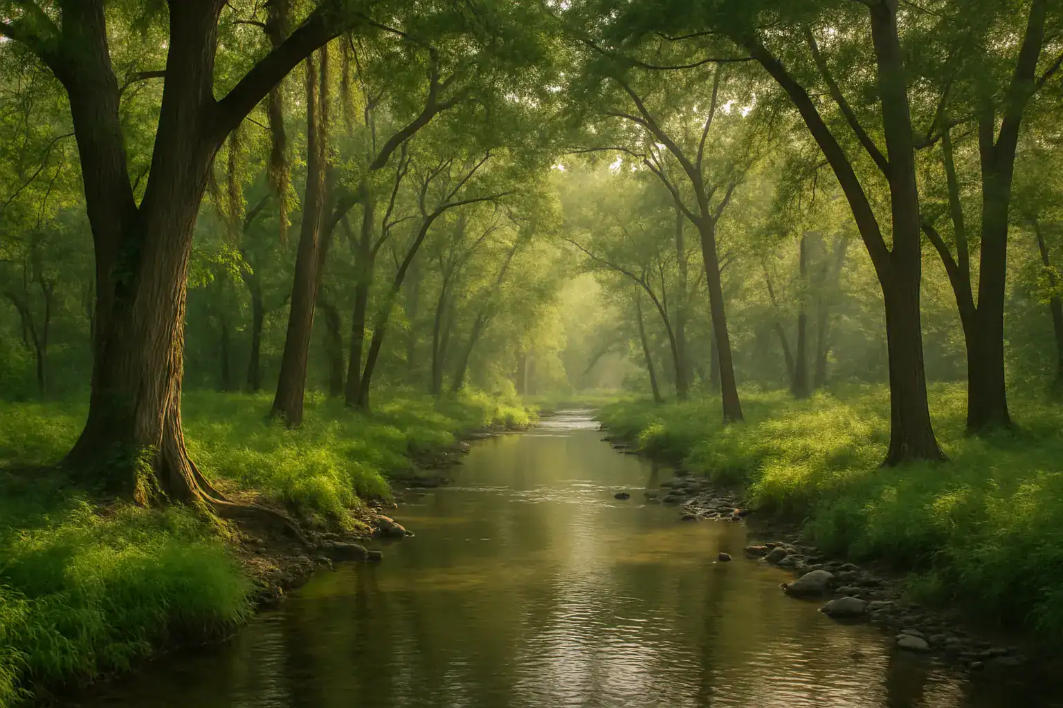Nature scene of a peaceful, lush green forest with a gentle stream running through it, sunlight filtering through the trees, ideal for eco-friendly and outdoor health initiatives.