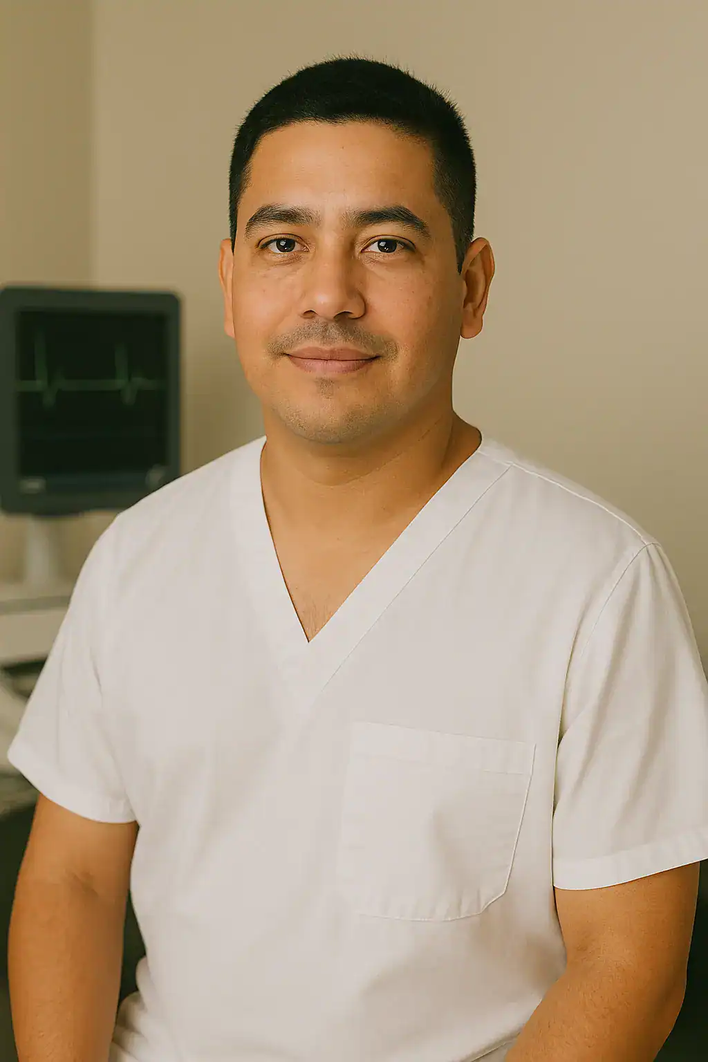 Flexible mobile X-ray technician in white scrubs working in a medical clinic.