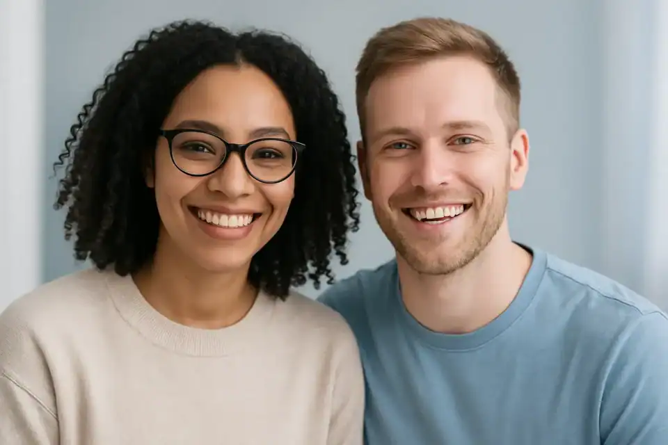 Friendly diverse smiling young professionals promoting mobile X-ray services at National Mobile X-Ray clinic, healthcare, diagnostic imaging, patient care, medical imaging career opportunities, medical professionals.