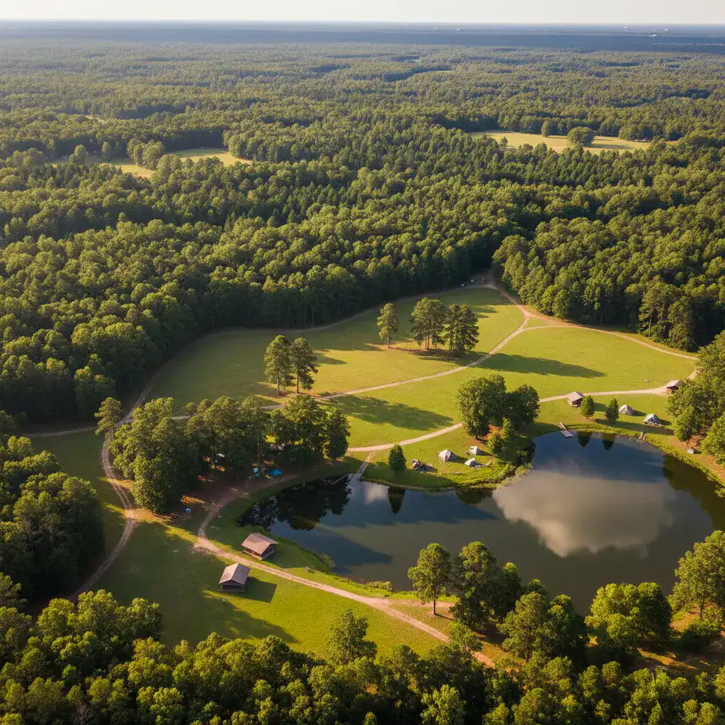 Serene park with lake, lush green trees, walking trails, and small cabins, surrounded by dense forest, ideal for outdoor activities, relaxation, and nature retreats, scenic landscape, aerial view.