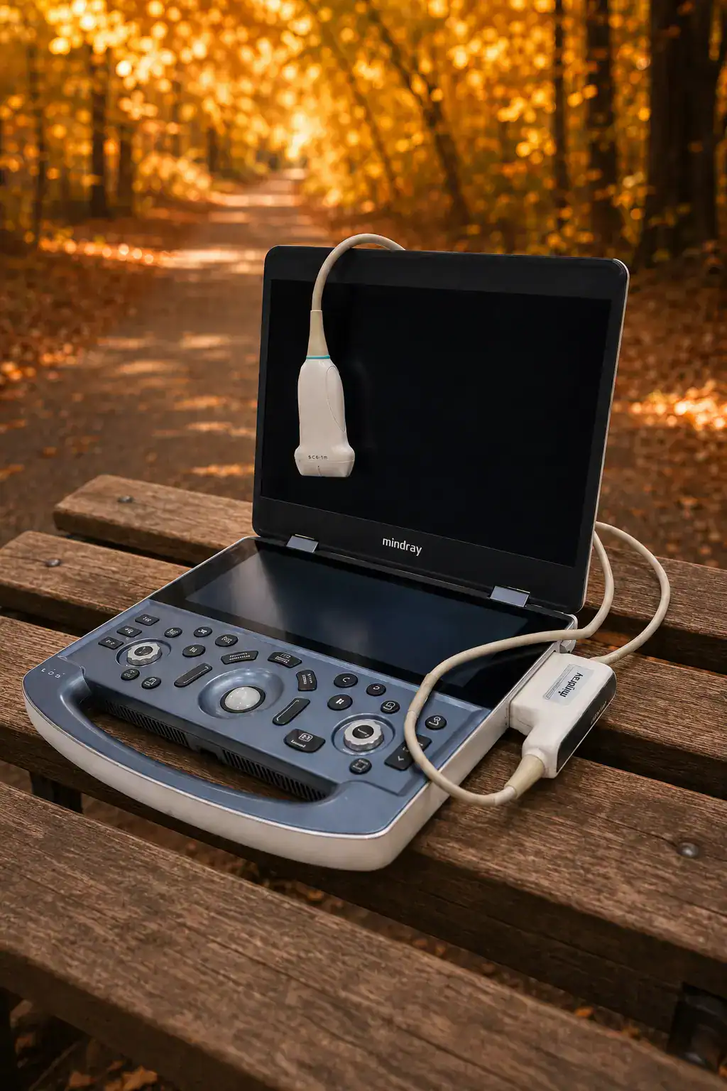 Portable mobile X-ray device with display screen and probe, set outdoors on a wooden bench in a forest during autumn. Ideal for mobile medical imaging services.