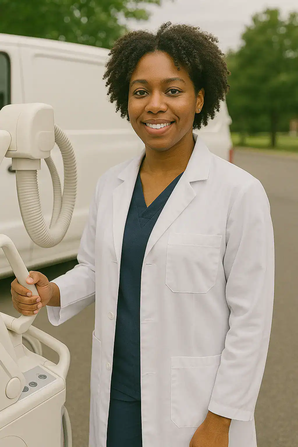Medical professional with scrubs and white coat standing outdoors next to mobile X-ray equipment at National Mobile X-Ray services in the healthcare industry.