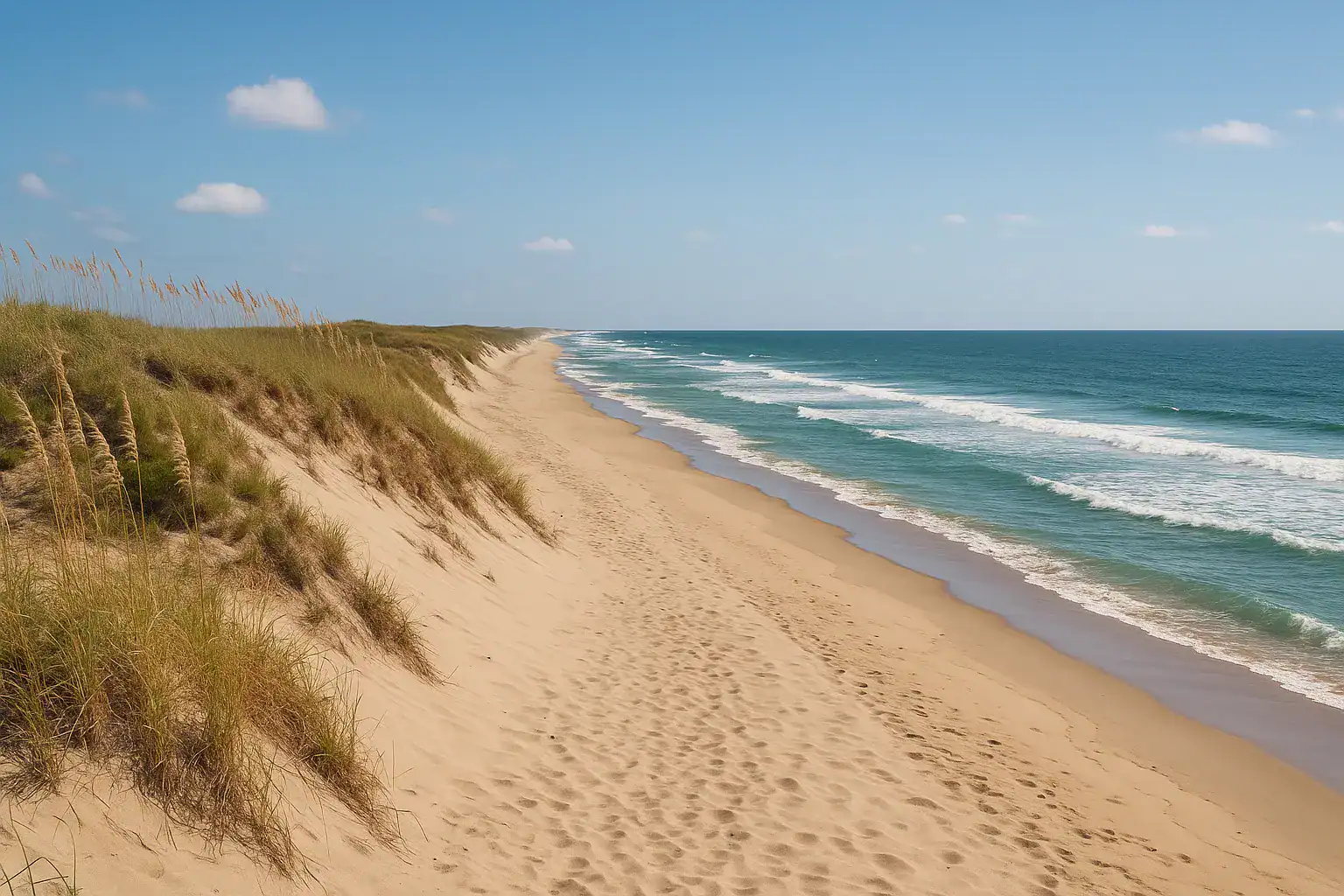 Seaside sandy beach with dunes and grassy vegetation, calm waves, clear blue sky, perfect for vacation and outdoor relaxation.