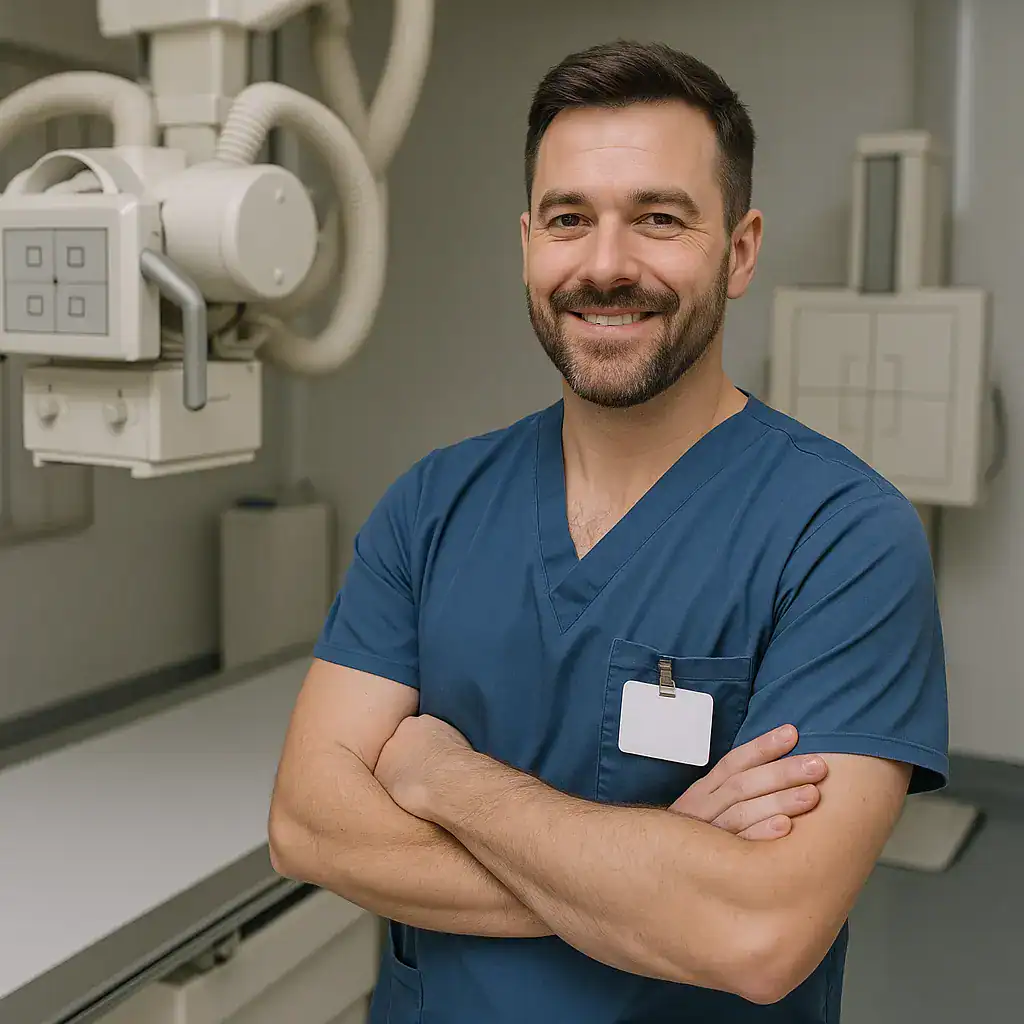 Compassionate healthcare professional in medical scrubs posing confidently in a clinical environment with X-ray equipment, emphasizing mobile diagnostic radiology services by National Mobile X-Ray.