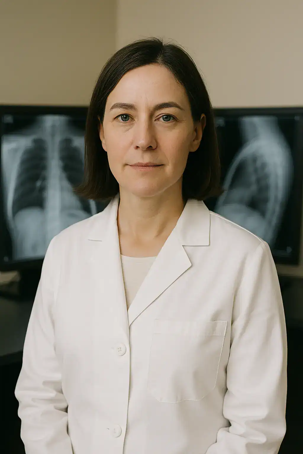 Mobile X-ray technologist in a medical clinic with chest X-ray images in the background.