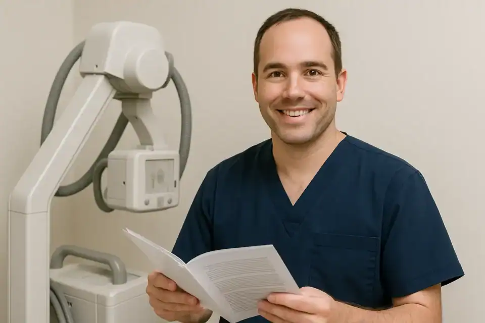 Advanced mobile X-ray technician smiling with portable imaging equipment, providing diagnostic radiology services for healthcare facilities.