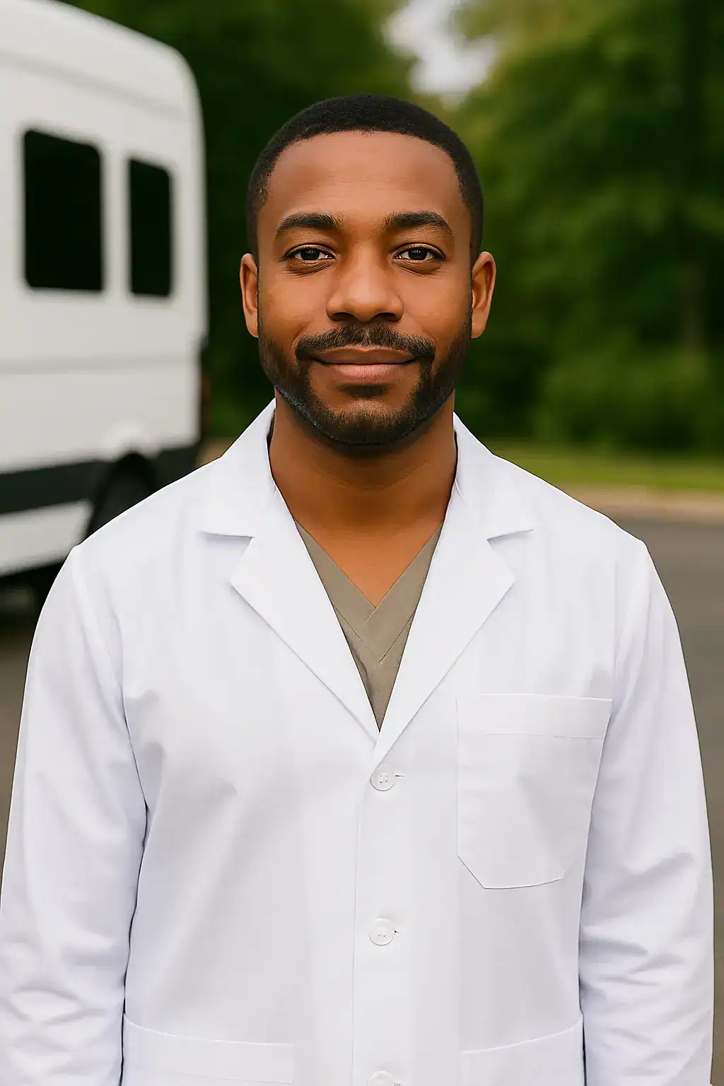 Medical professional in white lab coat, outdoor setting, healthcare worker for mobile X-ray services, promoting medical imaging expertise and mobile radiology solutions.
